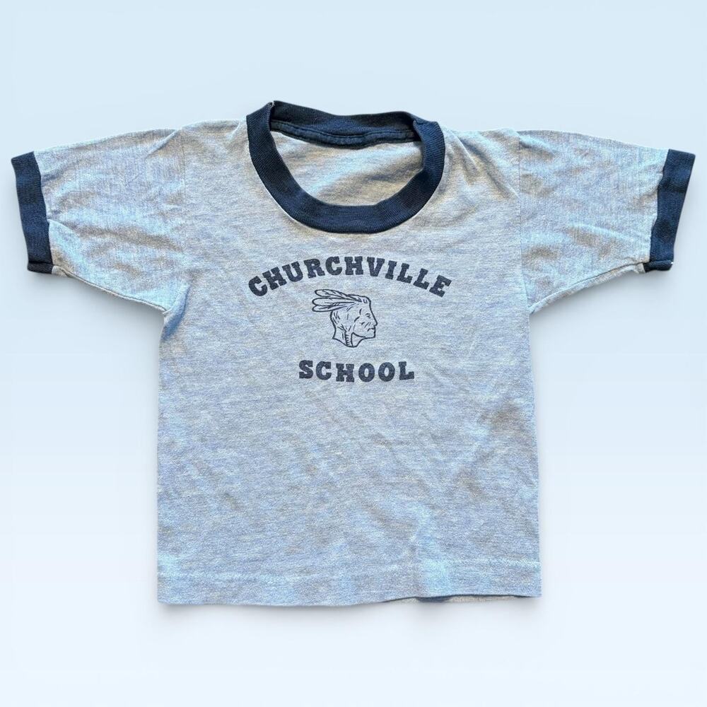 Vintage Churchville PA School Shirt Kids 4-5 Gray Ringer Mascot Graphic 70s 80s